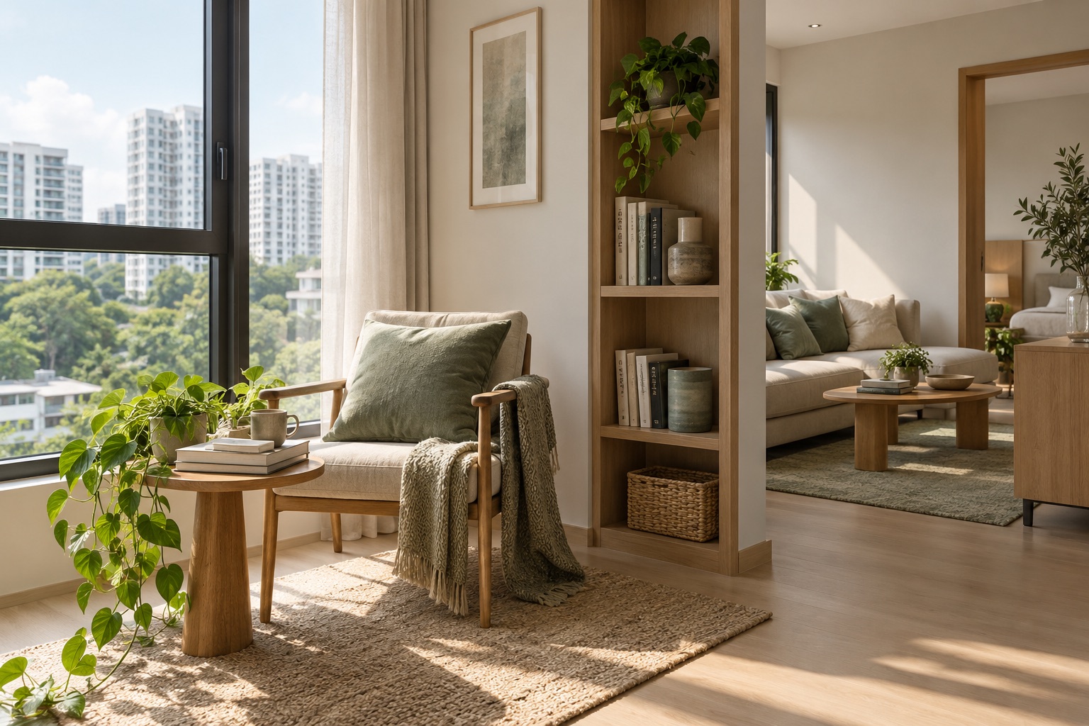 Quiet reading corner in a compact condominium apartment
