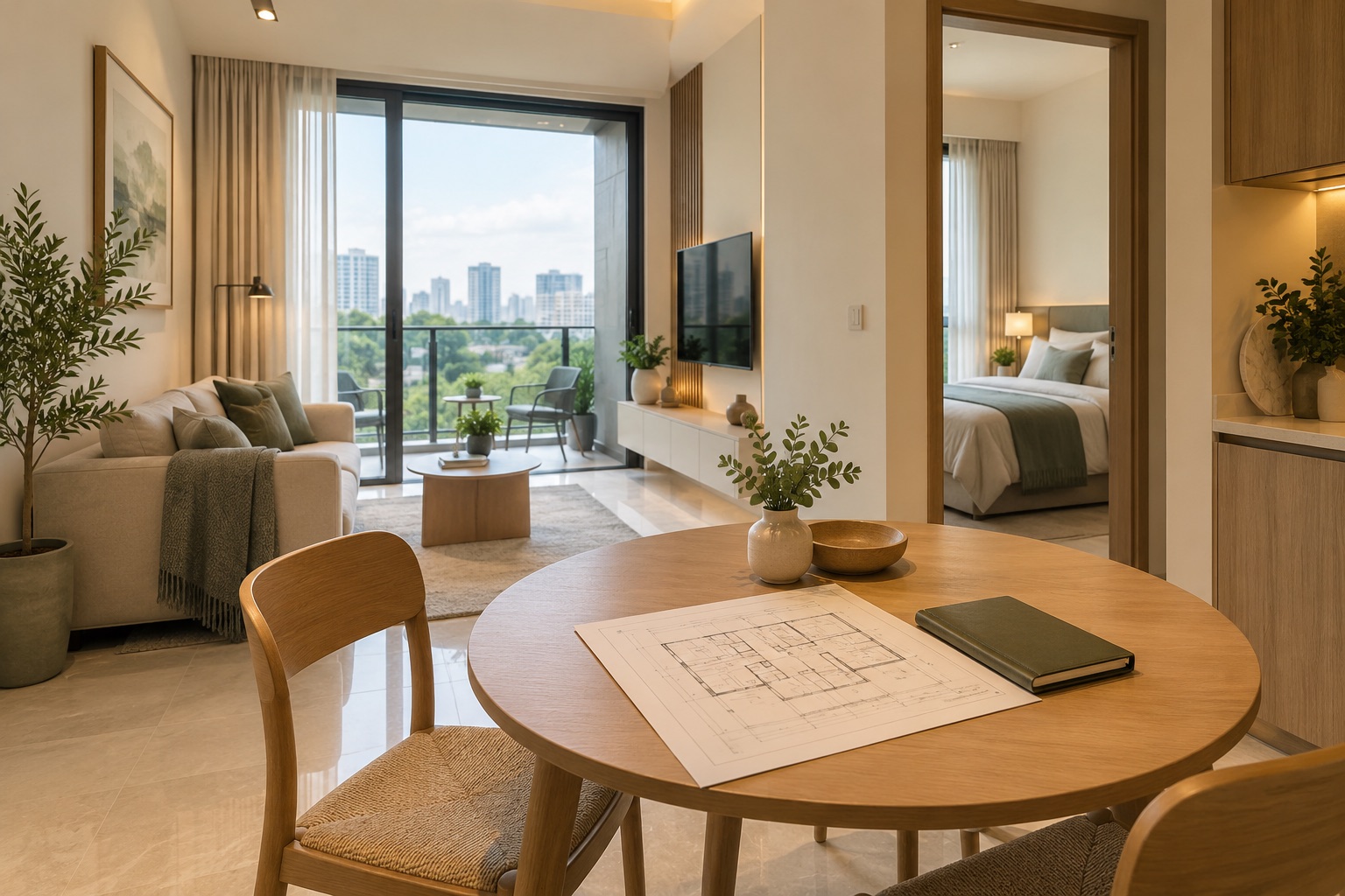 One-bedroom condo dining table with a floor plan and bedroom beyond