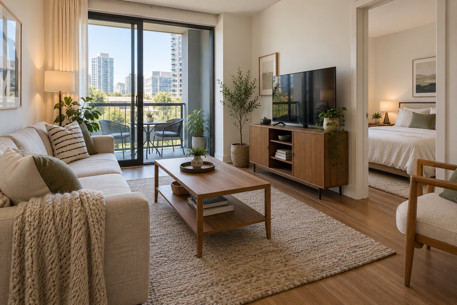 Sunlit one-bedroom condominium living room, balcony and bedroom