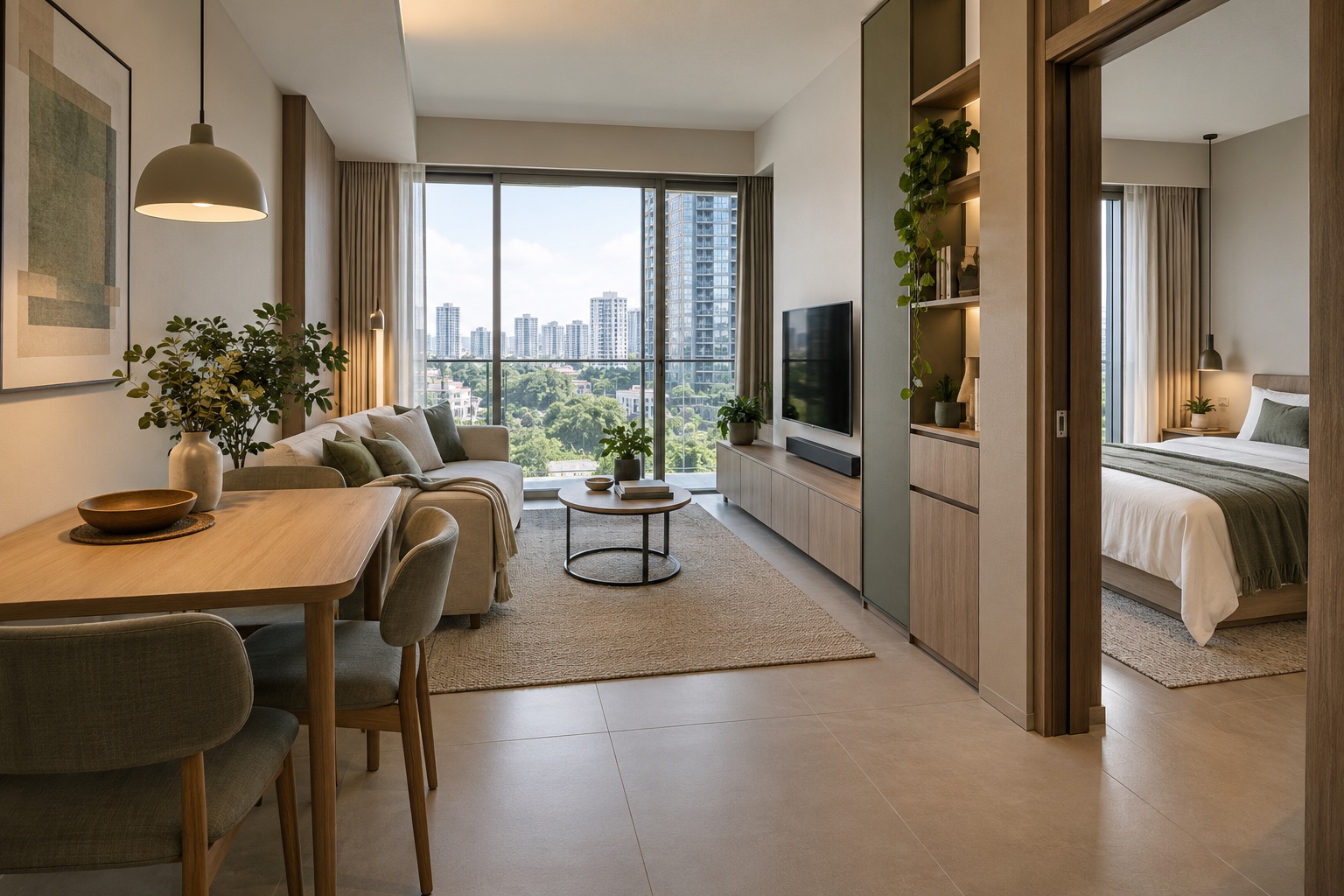 Compact one-bedroom living room with separate bedroom and space-saving furniture