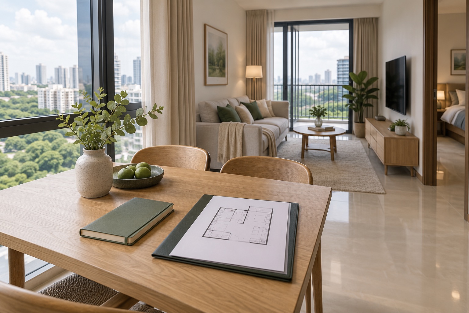 Condominium dining table with a floor plan and living room beyond